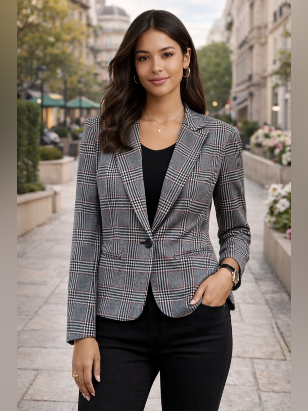 NWT Premise Gray and Black Plaid Blazer.. Size 2